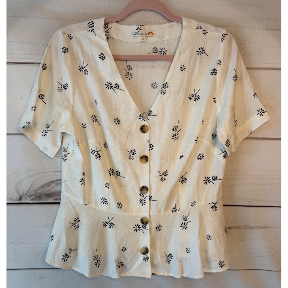C&C California White Linen Blend Daisy Floral Button Front Peplum Top Womens M
